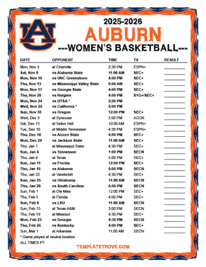 Auburn Tigers women's basketball 2025-26 Printable Schedule - Pacific Times
