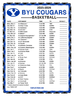 BYU Cougars Basketball 2025-26 Printable Schedule - Mountain Times