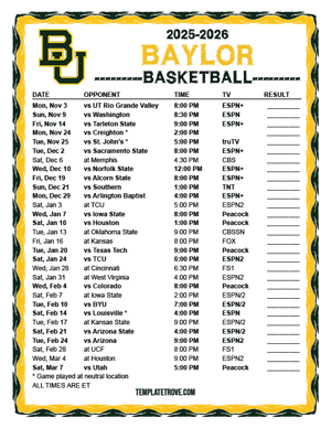 2024-25 Printable Baylor Bears Basketball Schedule
