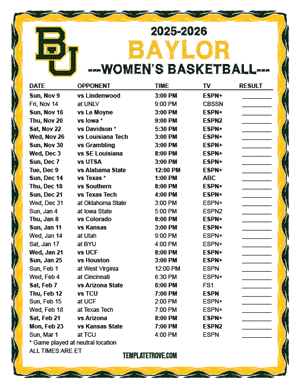 2024-25 Printable Baylor Bears Women's Basketball Schedule