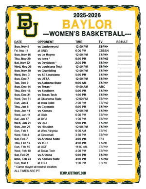 Baylor Bears Women's Basketball 2025-26 Printable Schedule - Pacific Times