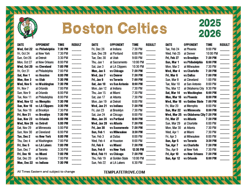 Printable 2025 2026 Boston Celtics Schedule Printable 2025 2026 Boston Celtics Schedule