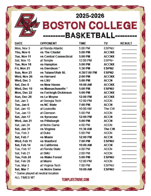 Boston College Eagles Basketball 2025-26 Printable Schedule - Mountain Times
