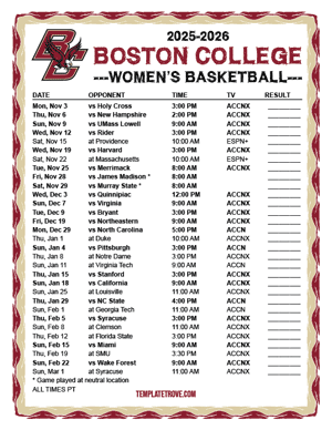 Boston College Eagles women's basketball 2025-26 Printable Schedule - Pacific Times