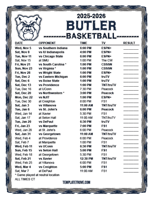 Butler Bulldogs Basketball 2025-26 Printable Schedule - Central Times