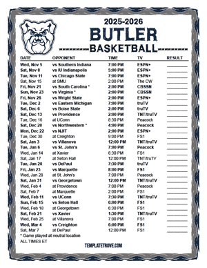2024-25 Printable Butler Bulldogs Basketball Schedule