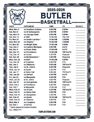 Butler Bulldogs Basketball 2025-26 Printable Schedule - Pacific Times