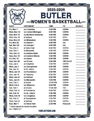 Butler Bulldogs Women's Basketball 2025-26 Printable Schedule - Central Times