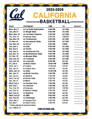 California Golden Bears Basketball 2025-26 Printable Schedule - Central Times