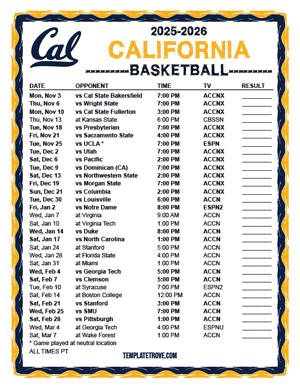 California Golden Bears Basketball 2025-26 Printable Schedule - Pacific Times