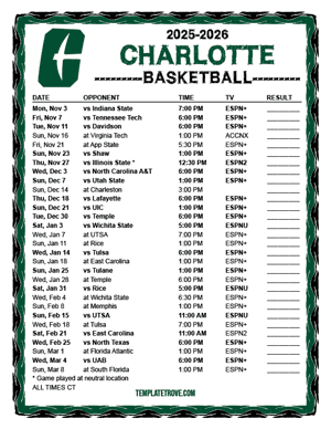 Charlotte 49ers Pirates Basketball 2025-26 Printable Schedule - Central Times