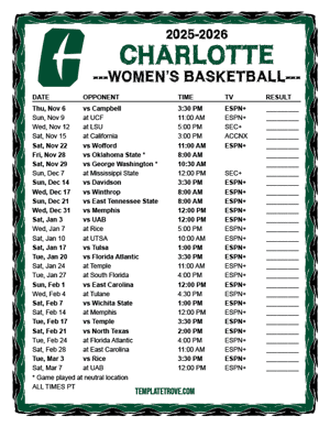 Charlotte 49ers women's basketball 2025-26 Printable Schedule - Pacific Times