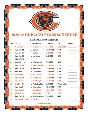 Chicago Bears 2025-26
 Printable Schedule - Central Times