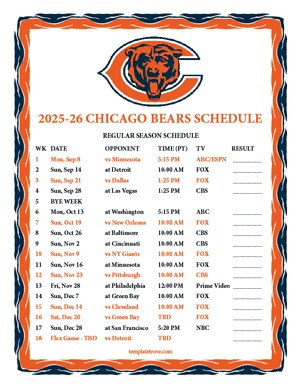 Chicago Bears 2025-26
 Printable Schedule - Pacific Times