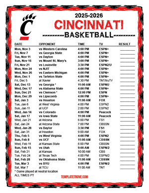 Cincinnati Bearcats Basketball 2025-26 Printable Schedule - Pacific Times