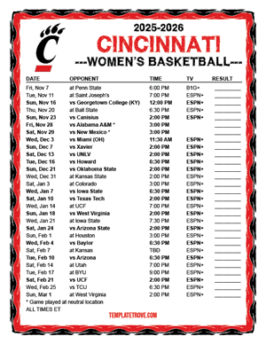 2024-25 Printable Cincinnati Bearcats Women's Basketball Schedule