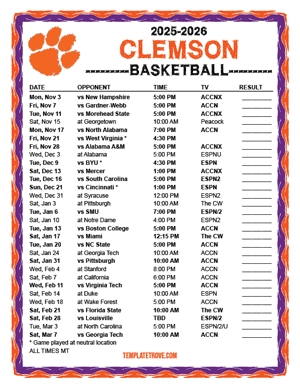 Clemson Tigers Basketball 2025-26 Printable Schedule - Mountain Times