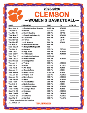 Clemson Tigers women's basketball 2025-26 Printable Schedule - Central Times