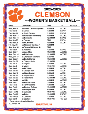 Clemson Tigers women's basketball 2025-26 Printable Schedule - Pacific Times