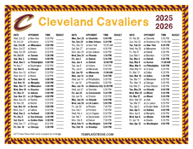 Cleveland Cavaliers 2025-26 Printable Schedule - Mountain Times