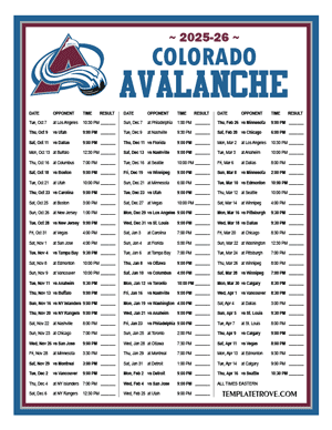 Colorado Avalanche 2025-26 Printable Schedule
