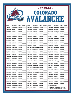 Colorado Avalanche 2025-26 Printable Schedule - Pacific Times