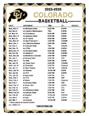 Colorado Buffaloes Basketball 2025-26 Printable Schedule - Central Times