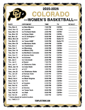Colorado Buffaloes Women's Basketball 2025-26 Printable Schedule - Central Times