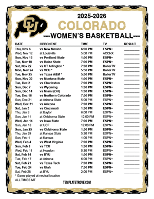 Colorado Buffaloes Women's Basketball 2025-26 Printable Schedule - Mountain Times