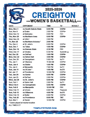 Creighton Bluejays Women's Basketball 2025-26 Printable Schedule - Central Times