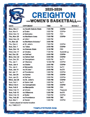 2024-25 Printable Creighton Bluejays Women's Basketball Schedule