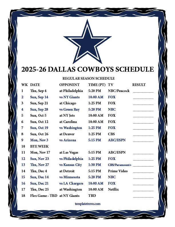 Printable 2025 2026 Dallas Cowboys Schedule