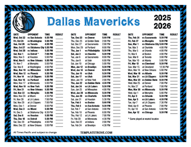 Dallas Mavericks 2025-26 Printable Schedule - Pacific Times