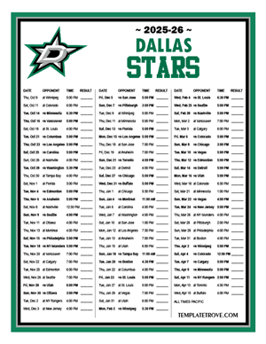 Dallas Stars 2025-26 Printable Schedule - Pacific Times