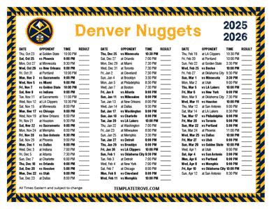 Denver Nuggets 2025-26 Printable Schedule