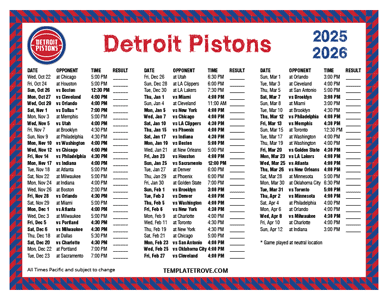 Detroit Pistons 2025-26 Printable Schedule - Pacific Times