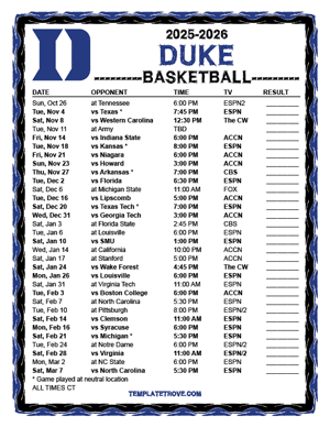 Duke Blue Devils Basketball 2025-26 Printable Schedule - Central Times