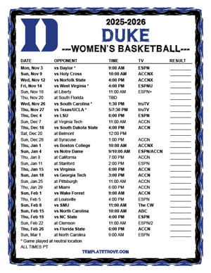 Duke Blue Devils women's basketball 2025-26 Printable Schedule - Pacific Times