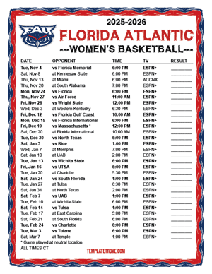 Florida Atlantic Owls women's basketball 2025-26 Printable Schedule - Central Times