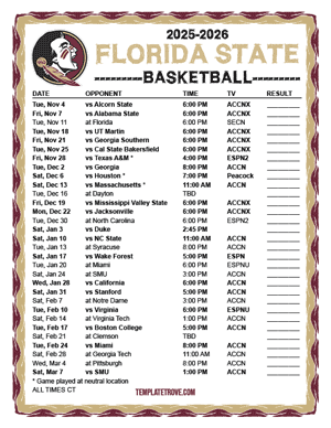 Florida State Seminoles Basketball 2025-26 Printable Schedule - Central Times