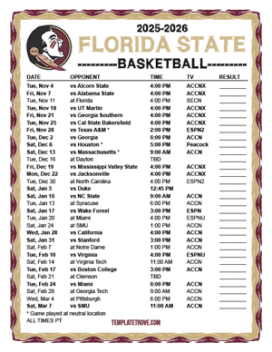 Florida State Seminoles Basketball 2025-26 Printable Schedule - Pacific Times