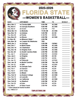 2025-26 Printable Florida State Seminoles Women's Basketball Schedule
