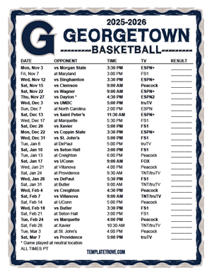 Georgetown Hoyas Basketball 2025-26 Printable Schedule - Pacific Times