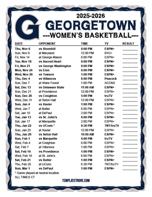 Georgetown Hoyas Women's Basketball 2025-26 Printable Schedule - Central Times