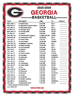 Georgia Bulldogs Basketball 2025-26 Printable Schedule - Mountain Times