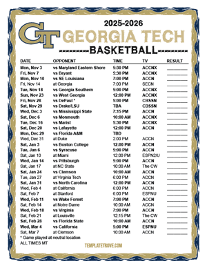 Georgia Tech Yellow Jackets Basketball 2025-26 Printable Schedule - Mountain Times