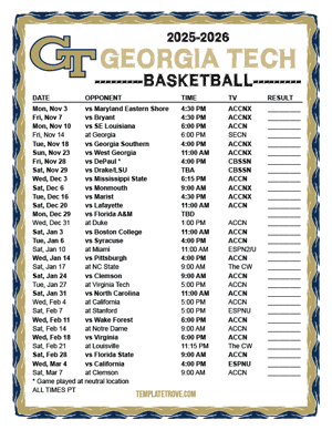 Georgia Tech Yellow Jackets Basketball 2025-26 Printable Schedule - Pacific Times