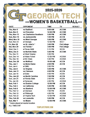 Georgia Tech Yellow Jackets women's basketball 2025-26 Printable Schedule - Mountain Times