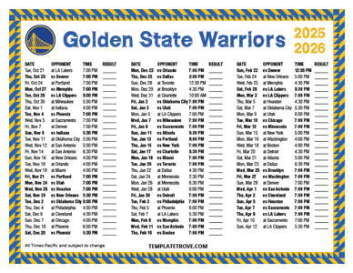 Golden State Warriors 2025-26 Printable Schedule - Pacific Times