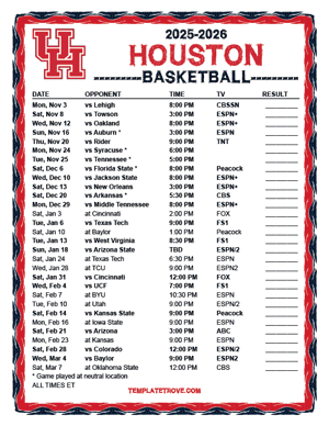 2024-25 Printable Houston Cougars Basketball Schedule